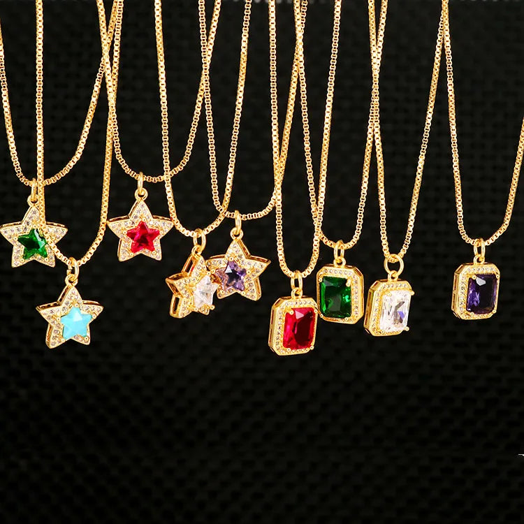 NZ1136  Dainty Bling Jewelry Gold Plated Big Zircon CZ Diamond Star Rectangle Medallion Pendant Chain Statement Necklace