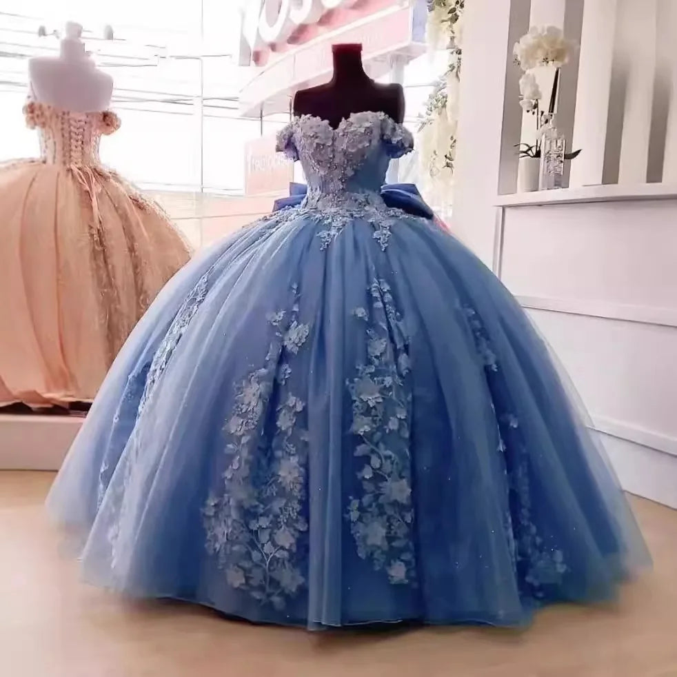 2024 Blue One-Shoulder Evening Dress Flowers Bow Lace Guangzhou Auyan Host Woman Dress for Piano Performance Bar Mitzvah