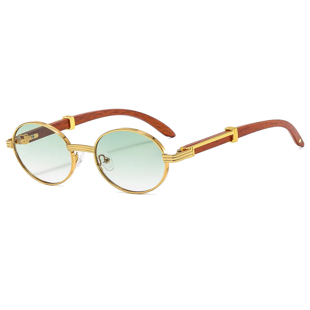 Lucky Eyewear 2025 Fashion Women Oval Shades Men Sun Glasses Retro Vintage Faux Wood Small Round Metal Sunglasses