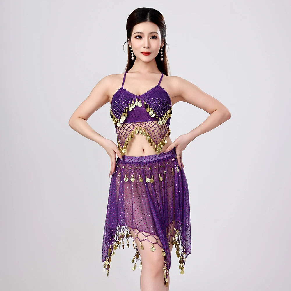 Classic Comfortable Indian Belly Dance Performance Skirt Wholesale Shiny Sequin Mesh Knee Length for Lady Wear Soft Comfortable