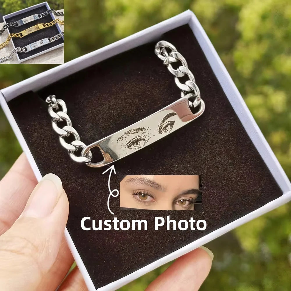 Customized Eye's Photo Bracelet Stainless Steel Cuban Chain Waterproof PVD Plated Laster Picture Bracelet Hip Pop Jewelry Gifts