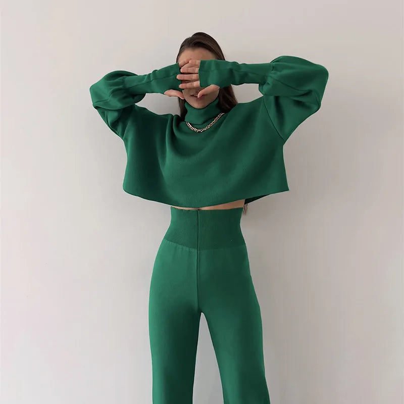 King Mcgreen Star New Fashion Women Two Piece Set Warm Elegant Street Style Solid Color High Neck Elastic Women's Set Pant