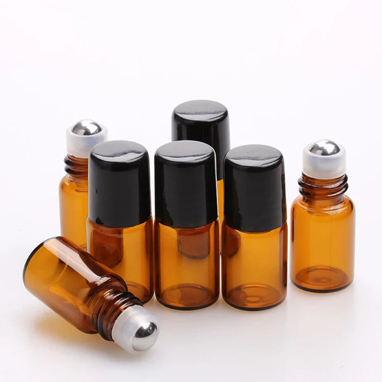 1ml 2ml 3ml 5ml Mini Amber Glass Essential Oil Roll on Bottle for Perfume with Stainless Steel Roller Ball Black Caps