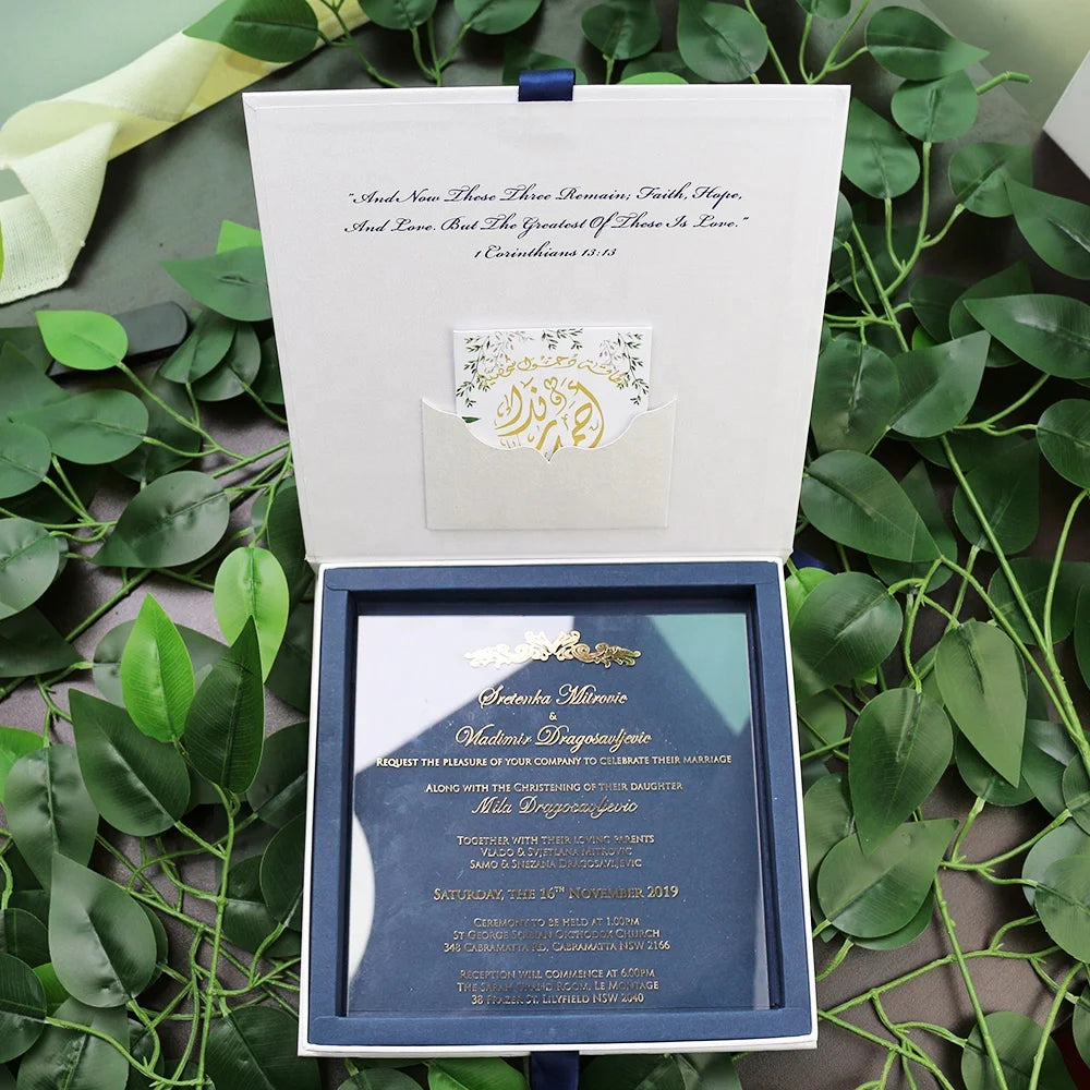 Gold Foil Custom Wedding Card 15*15cm Clear Acrylic Invitations with Hard Cover Box