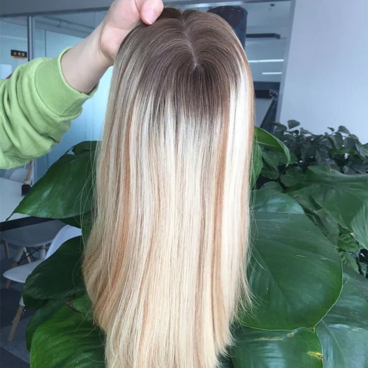 European Virgin Cuticle Aligned Ombre Human Hair Natural Color Straight French Lace Silk Base Women's Topper with Clips