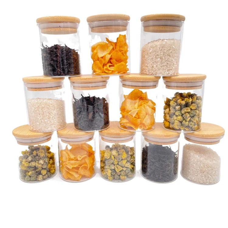 clear Round Glass Storage Food Jar with Bamboo Wooden Top