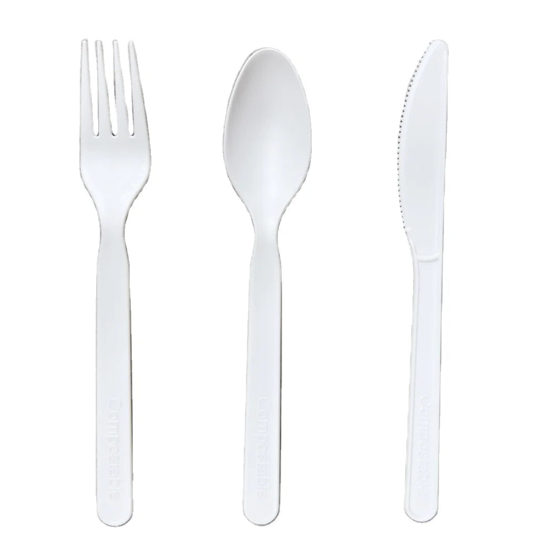 OEM 100% Biodegradable White 7 Inch CPLA Cutlery Set 3 in 1 Bioleader Soup Spoon Fork Set for Party