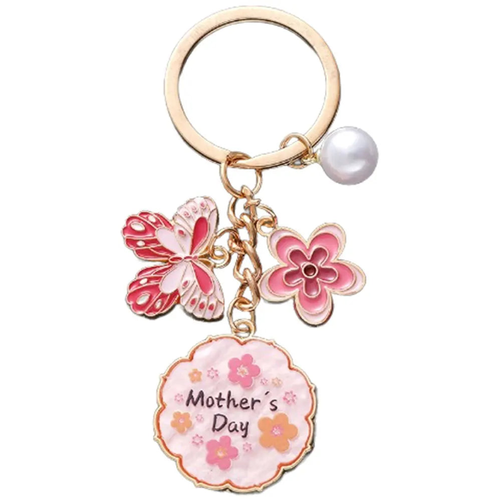 Cute Sweet  Pink Mom Enamel Butterfly Flower Pearl Charm Key Chain Handbag Pendant  for Mothers Day Gift Jewelry Accessory