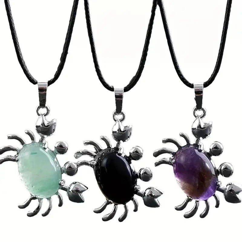 New Creativity Natural Stone Crystal Crab Pendant Necklace Gemstone Jewelry Amethyst tiger Eye Animal Pendant for Women Men