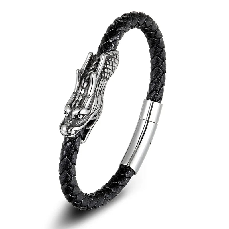 Personality Trendy Fashion Men's Leather Bracelet Exotic New Stainless Steel Dragon Head Men Magnetic Bracelets OT-203