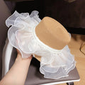 Women Lace Sun Straw Hat Wide Brim UV  Pearl Mesh Summer Hat  Roll up Floppy Beach Cap