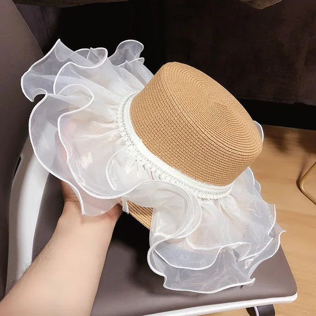 Women Lace Sun Straw Hat Wide Brim UV  Pearl Mesh Summer Hat  Roll up Floppy Beach Cap