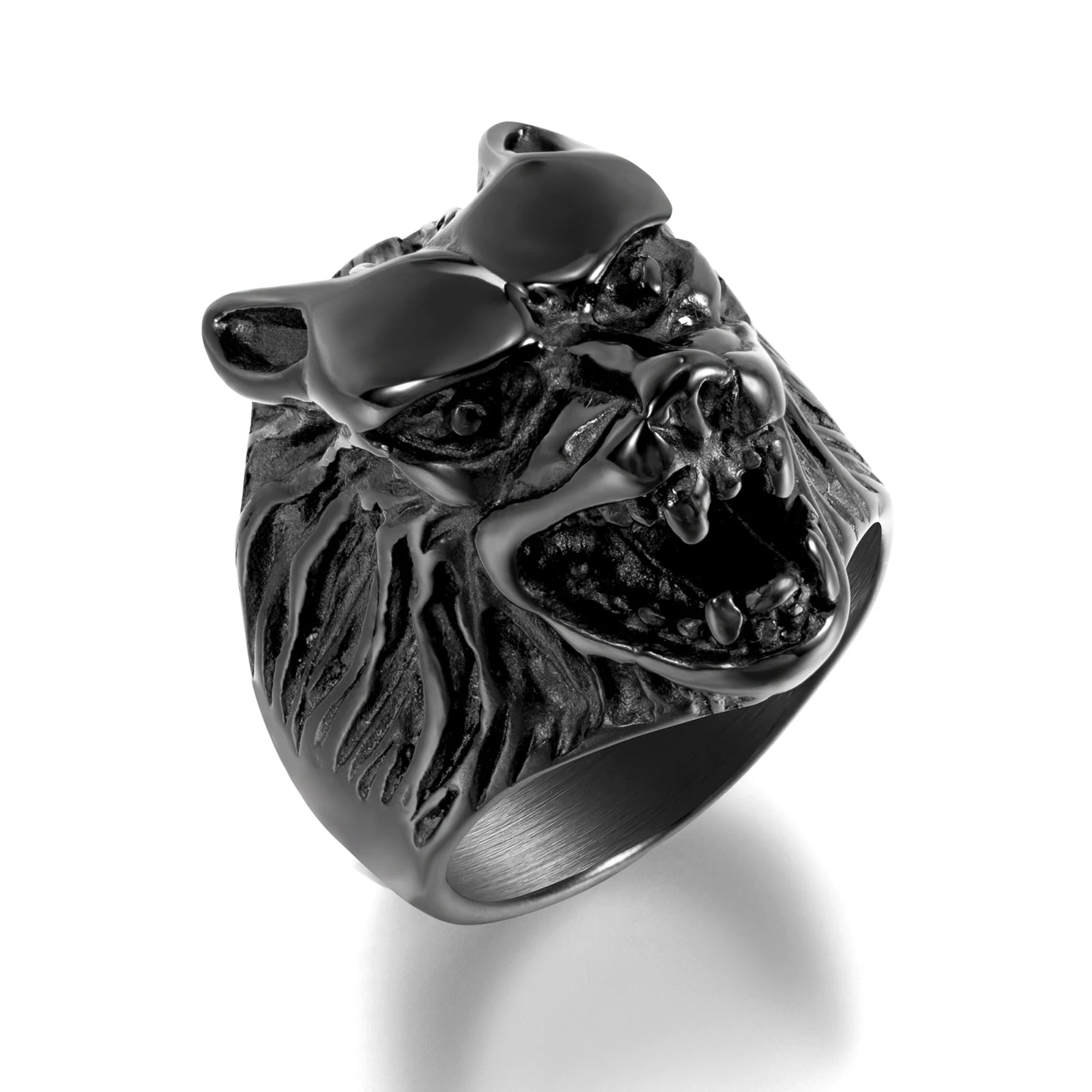 Wholesales Man Jewelry Black PVD Stainless Steel Ring Customized Logo Animal Wolf Head Men's Ring