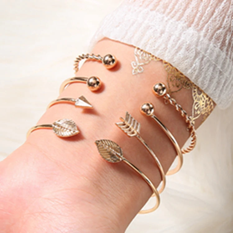 KR-72 Bracelet Set Jewelry Alloy Ball Leaf Arrow Gold 4pcs Bangle Bracelet Kit
