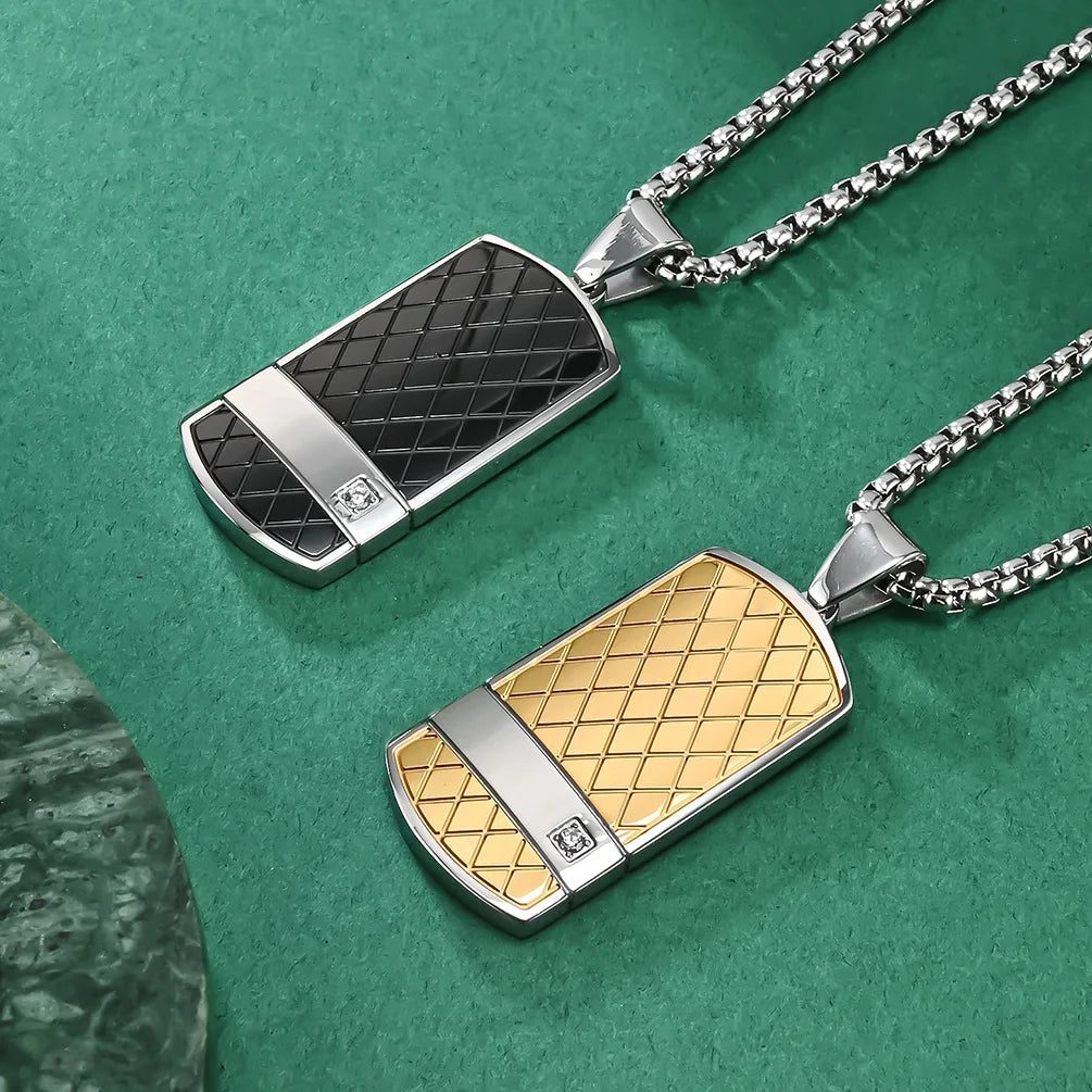 Men's High Quality Stainless Steel CZ Inlaid Box Necklace Creative Gold Plated Engraved Dog Rectangle Pendant Geometric Pattern