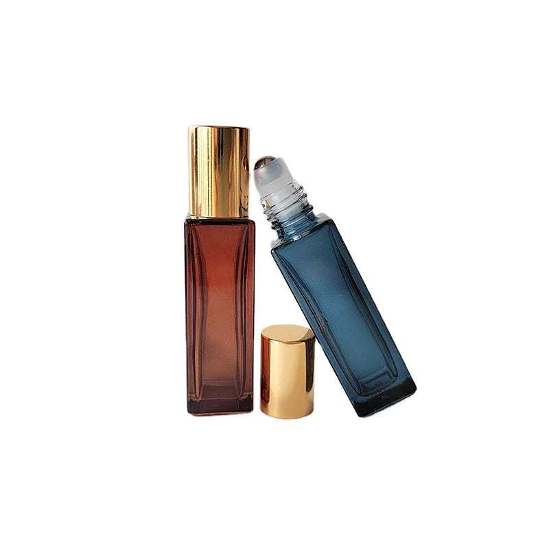 10ml Long Square Glass Roll-on Bottle Amber Blue with Shiny Gold Screw Cap & Steel Roller
