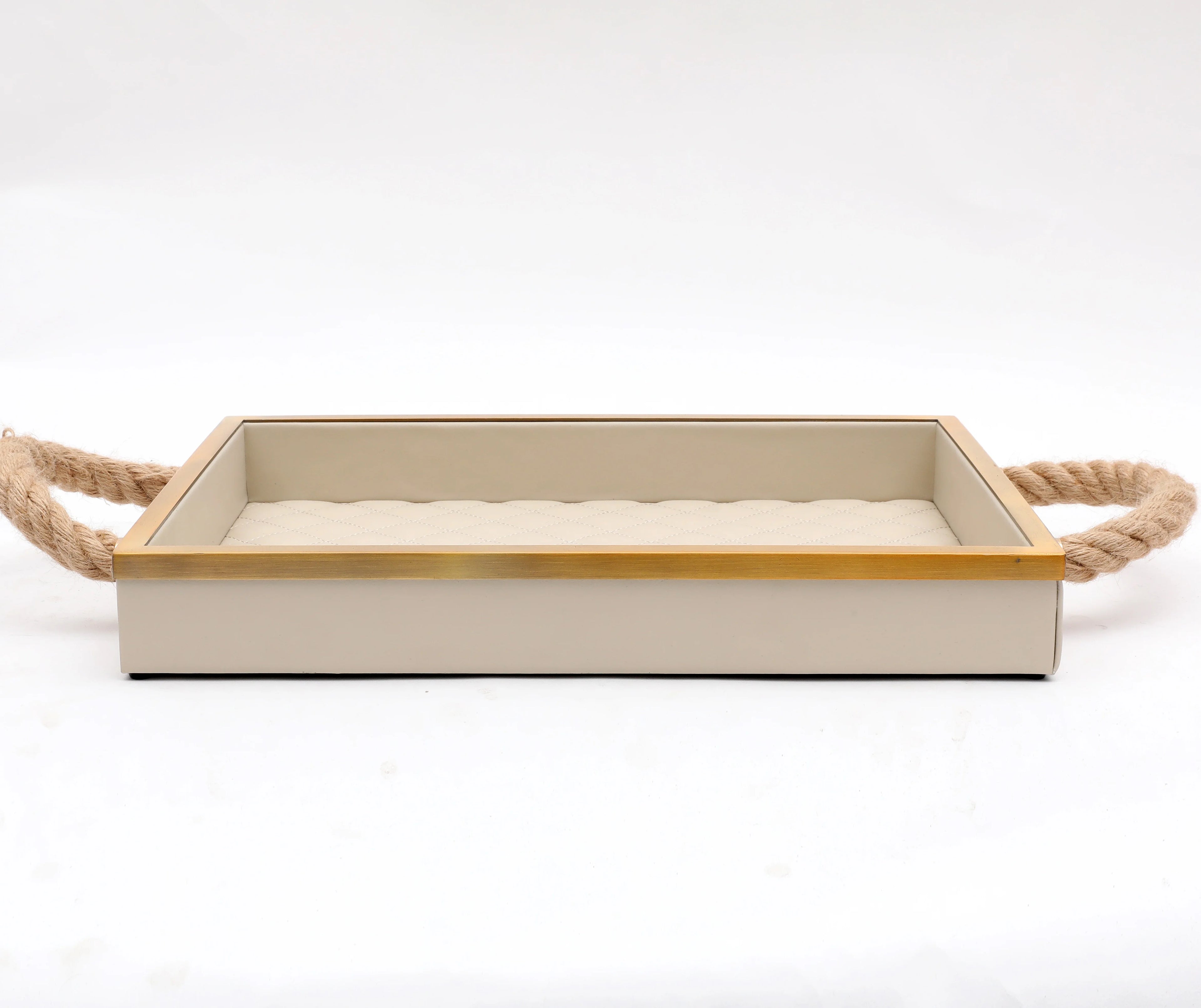 Elegant Luxury 19-278 Household Faux PU Leather Serving Tray with Shiny Metal Frame and Rope Handles for Home Storage Serving