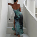 Beach Holiday Chiffon Dresses Ink Print Low Neck Dresses Backless Sleeveless Slip Dresses