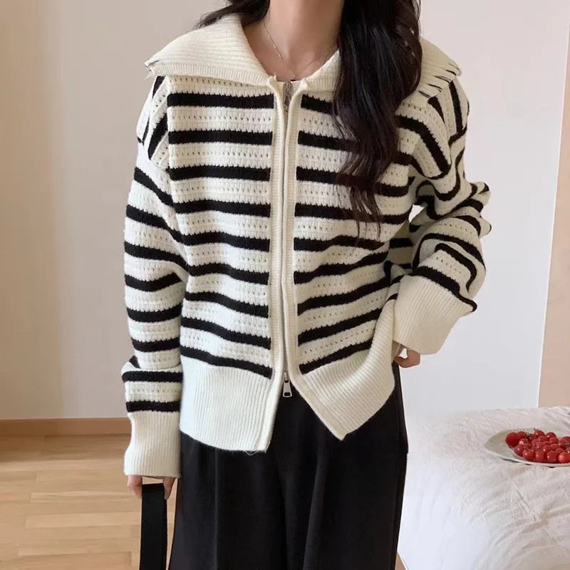 Autumn and Winter Casual Style Loose Lapel Knitted Cardigan Front Logo Color Matching Striped Zipper Sweater Jacket Coat
