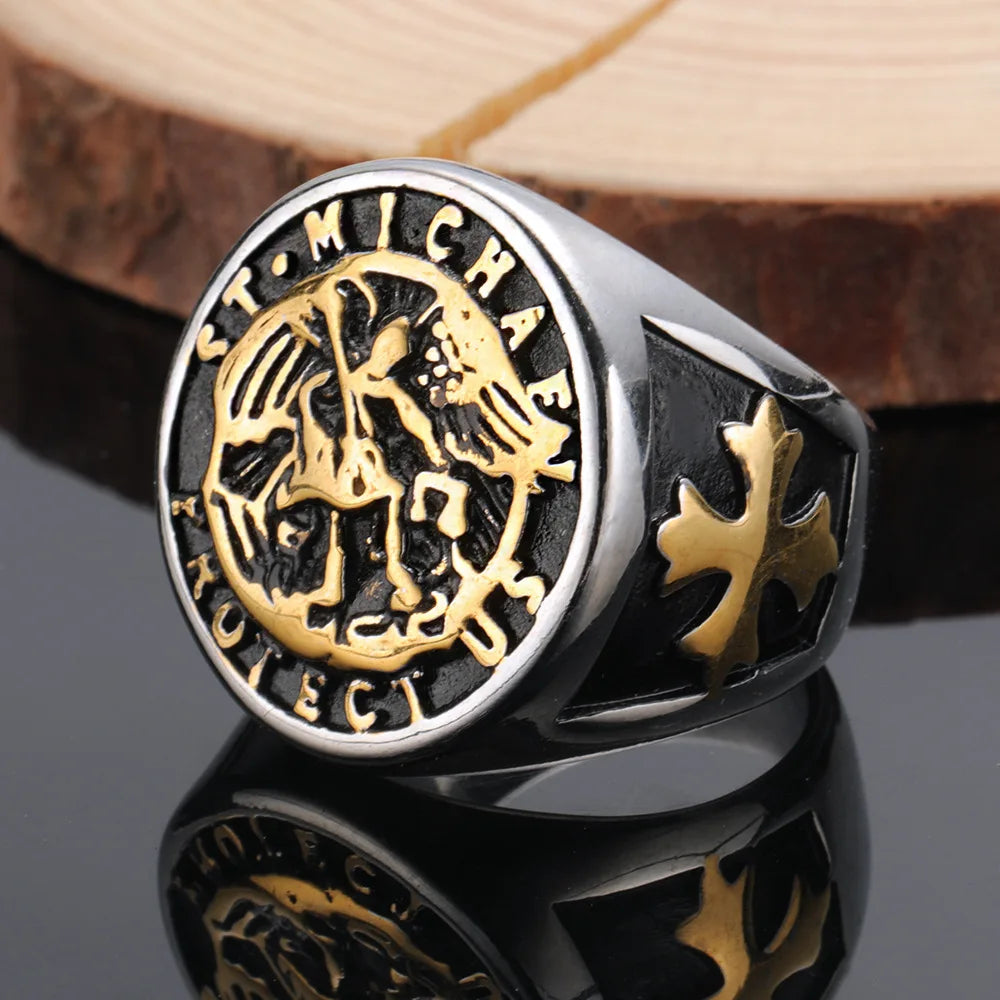 MECYLIFE Personality Vintage Cross Jihad Angel Man Ring Stainless Steel St Michael Rings Christian Jewelry Wholesale