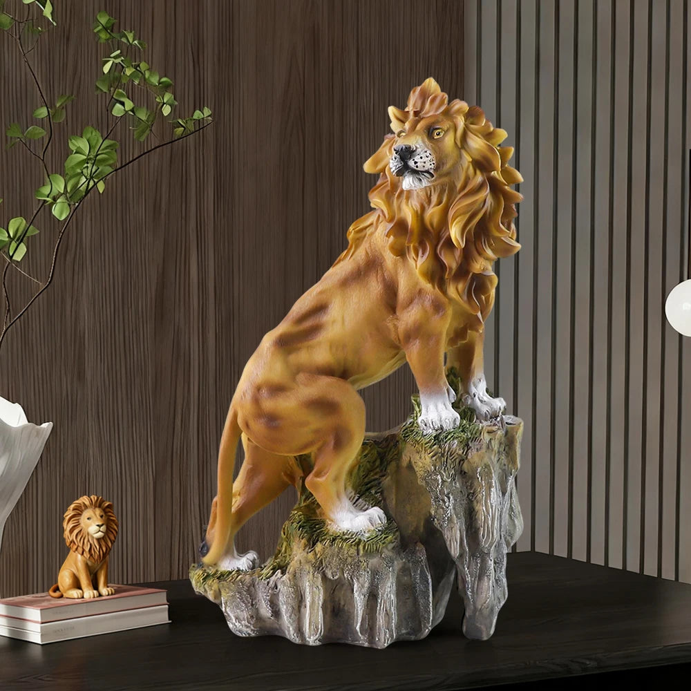 Golden Lion Resin Sculpture with Flowing Mane and Amber Eyes Majestic Animal Statue on Rock Platform for Home Office Decor