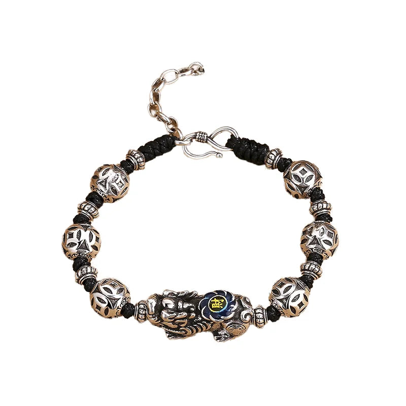 Men's Vintage Thai Silver Cloisonne Enamelled Pixiu Bracelet Handwoven FengShui Wealth Amulet Luxe Fashion Charm Bracelet