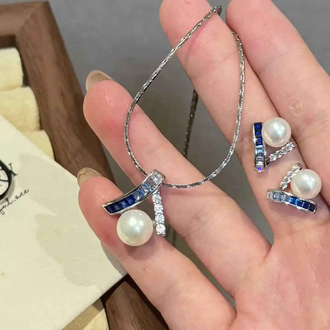 Noble Temperament square Zirconium Inlaid V-shaped Sea Blue Treasure Set 8-10mm Natural Freshwater Pearl Necklace Earring Set