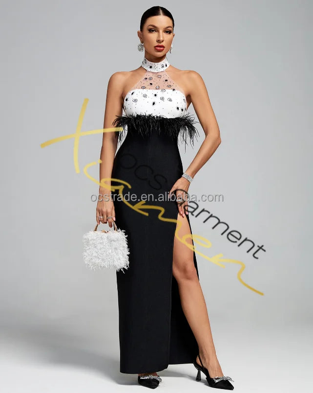 Ocstrade Fashion Halter Neck Bandage Dresses for Women Sleeveless Elegant Dresses Women Lady Elegant Party Evening With Feather