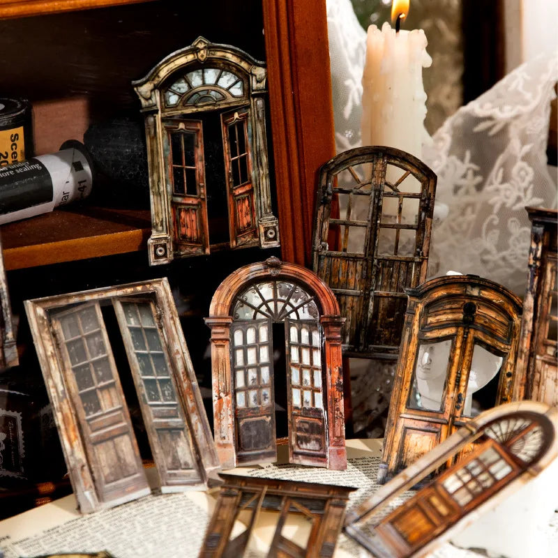 10pcs/pack Retro Hard Card Three-dimensional Door Frame Stickers Vintage Door Court Handbook DIY Material Decorative Sticker Pac MegaBDM
