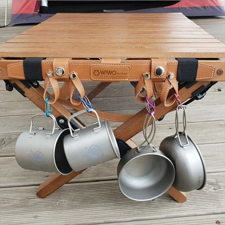 Outdoor Camping PU Leather Wooden Hanger Hook Portable Leather Belt Tableware Organizer Hook