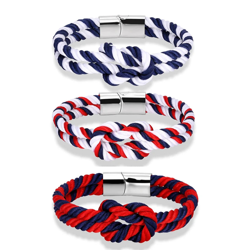 Fashion Mens Sailing Rope Bracelet Wholesale Stainless Steel Magnetic Clasp Nylon Woven Nautical Rope Knot Wrap Bracelet for Men