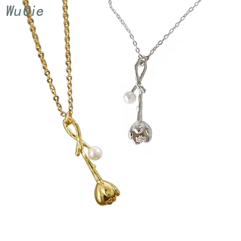Wuqie New Arrival 925 Silver Jewelry Pearl Shell Gold Plated Rose Flower Pendant Necklace Gift for Women