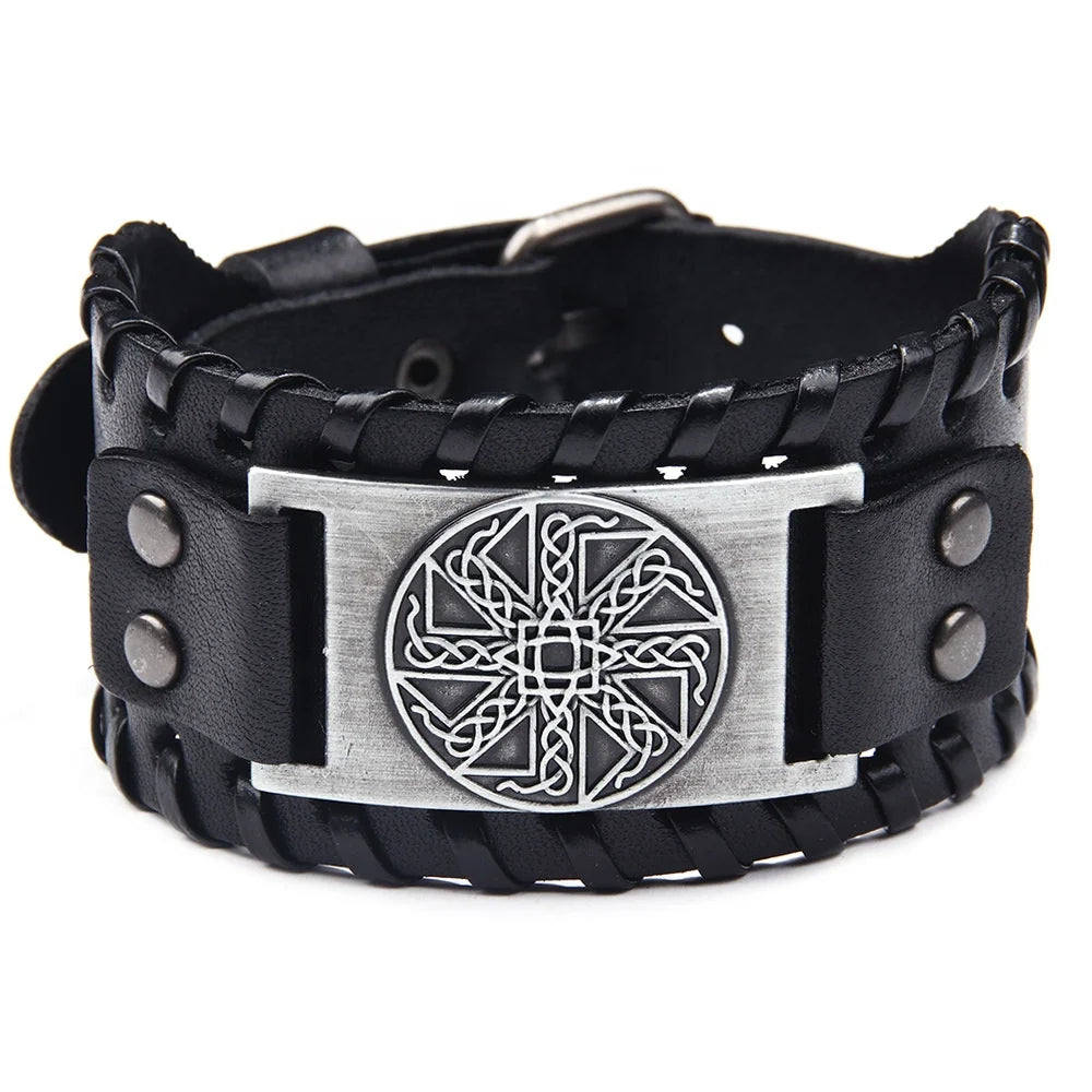 MECYLIFE Viking Jewelry Genuine Leather Wristband Bracelet Viking Kolovrat Bracelet Viking Heretic Bracelet