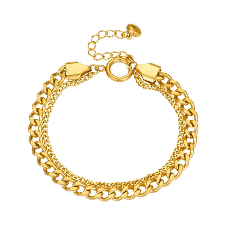 Simple Tarnish Free Double Layer Stainless Steel 18k Gold Plated Hand Chain Ladies Bracelet Women