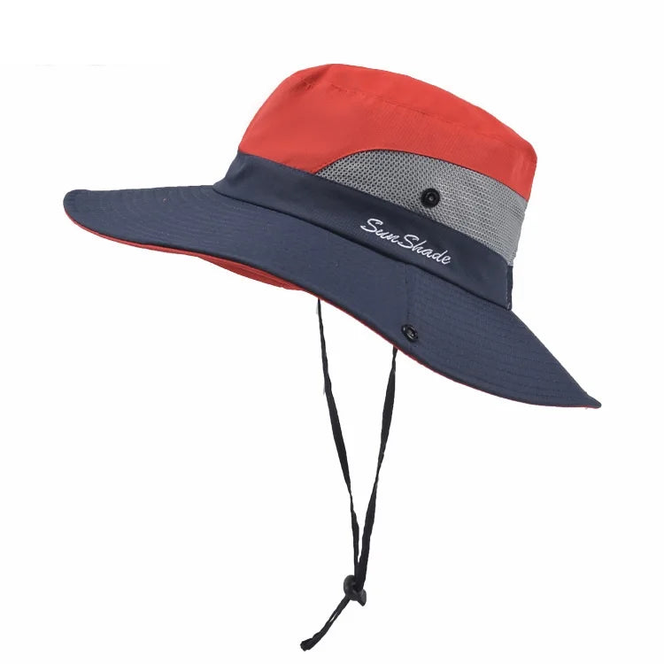 Wholesale Outdoor Women Hats Stitching Color Wide Brim Horsetail Hole Beach Sun Caps Bucket Hat Summer Autumn Hiking Camping Fis