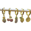 EC1633 Women's Trendy 18K Gold-Plated Brass Huggie Charm Earring with CZ Micro Pineapple Cherry Grape Strawberry Fruit Dangles
