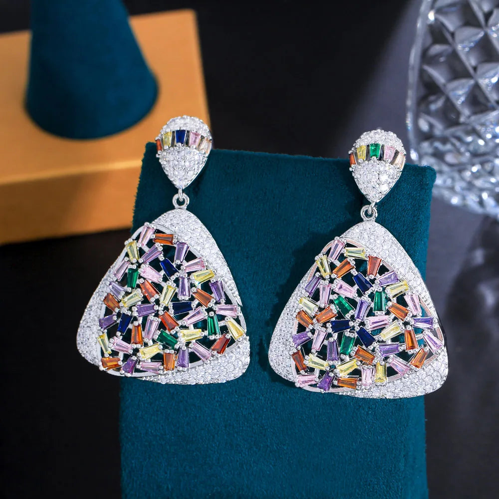 Beautiful Multi Color Dangle Drop Chunky Large Triangle Cubic Zircon Bold Women Long Party Wedding Occasion Earrings Jewellery