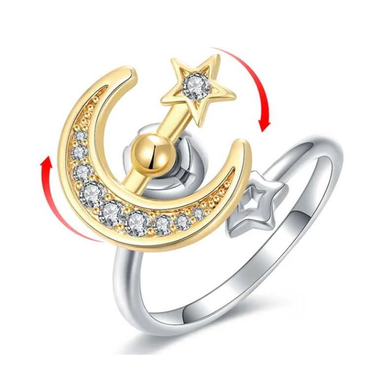 Rotatable Spinner Ring Rotating Adjustable Fidget Rings for Anxiety Two Colors Crescent Zircon Diamond Rotatable Star Moon Ring