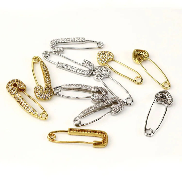 CZ8132 Chic 18k Gold Plated CZ MIcro Pave Heart Star Safety Pin Charm  for Earring Necklace Making