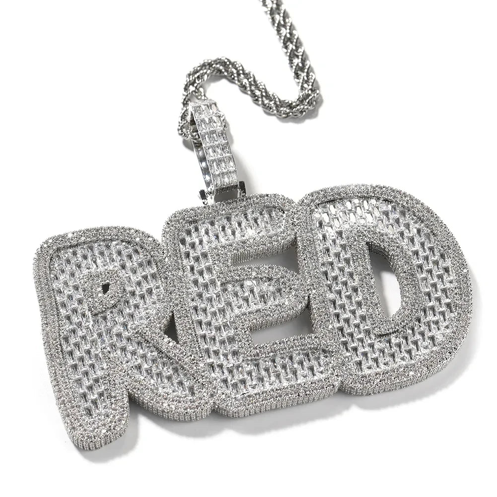 2023 Trendy Custom Iced Zircon Bling Bling Necklaces for Men Women Large Baguette Name Pendant Brass Rope Chain for Weddings