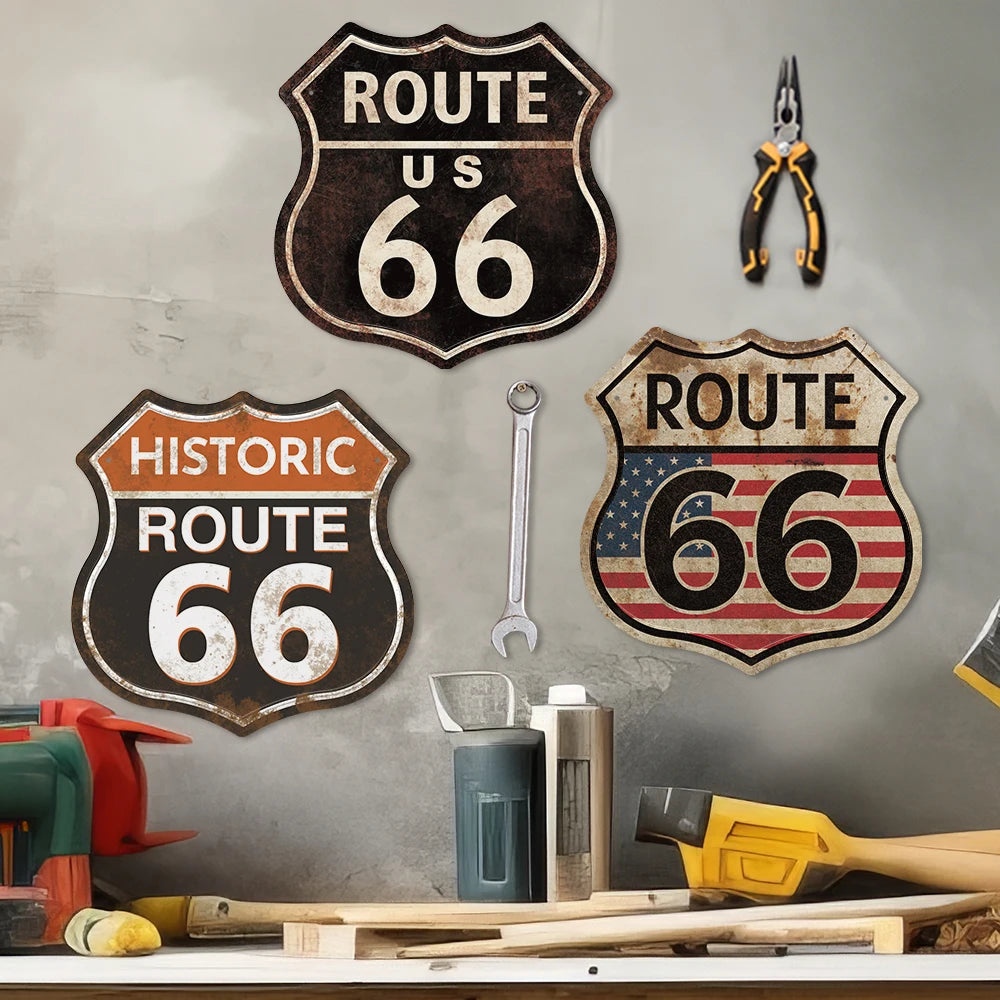 Hot Sale Shield Shape Route 66 Vintage Metal Wall Sign Tin Sign Garage Man Cave Bar Decoration