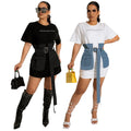 Summer Short Dress With Sashes Ladies Denim Stitching Short Mini Long Sleeve Casual Dress