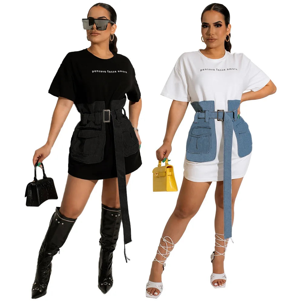 Summer Short Dress With Sashes Ladies Denim Stitching Short Mini Long Sleeve Casual Dress