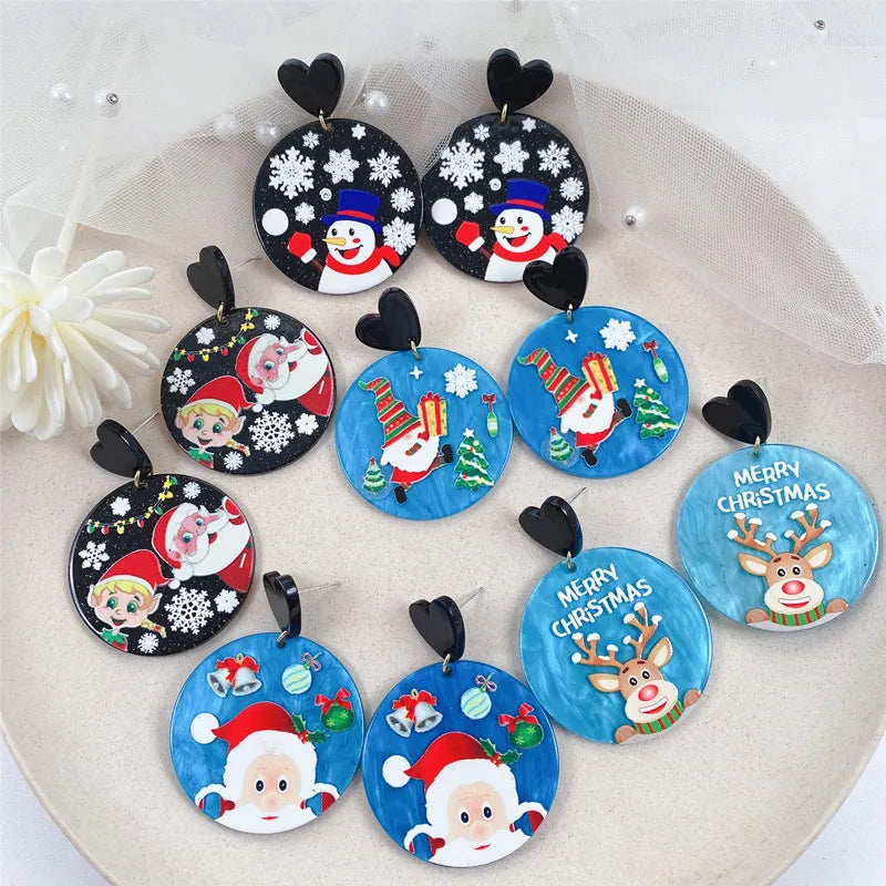 Korean Design Christmas Snowflake Santa Claus Reindeer Acrylic Statement Dangling Earring Hook Fashion Drop Earrings for Girls