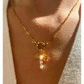 French Fashion 18K Gold Plated Stainless Steel Starfish Pearl Necklace Women's Stainless Steel Starfish Pearl Shell Necklace