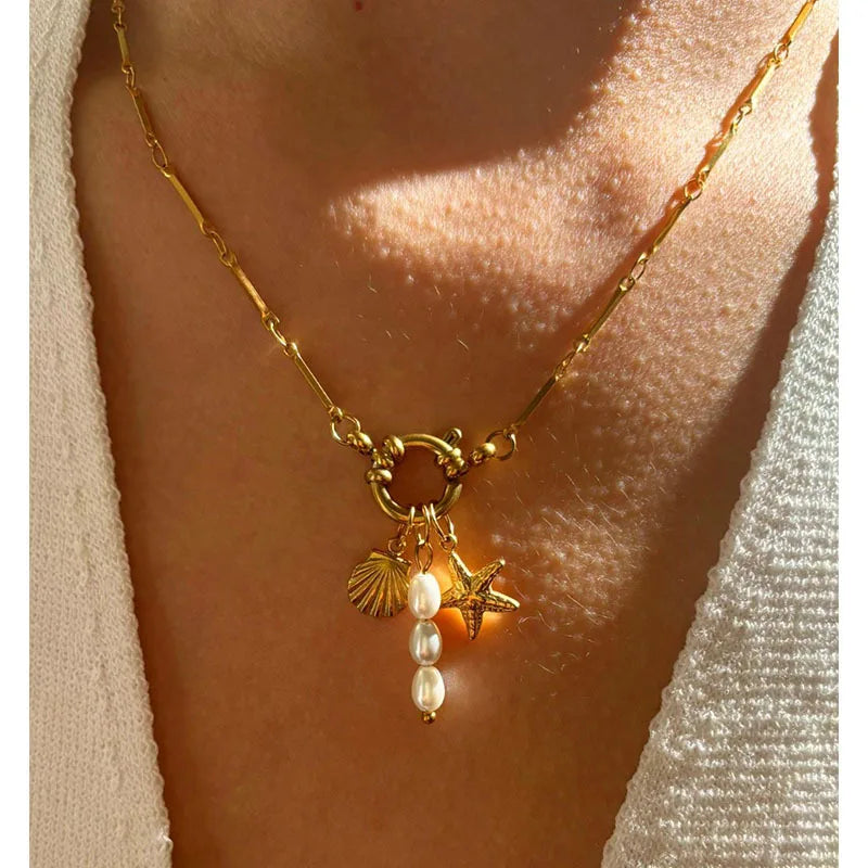 French Fashion 18K Gold Plated Stainless Steel Starfish Pearl Necklace Women's Stainless Steel Starfish Pearl Shell Necklace