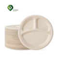 Eco-Friendly 100% Compostable 10 Inch 3 Compartment Sugarcane Bagasse Round Dinner Heavy Duty Plates for BBQ Party Christmas
