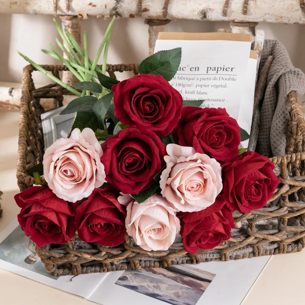 O-X751 Wholesale Artificial Flower Rose Real Touch Single Stem Silk Rose Home Wedding Decor White Red Blue Velvet Roses Flower