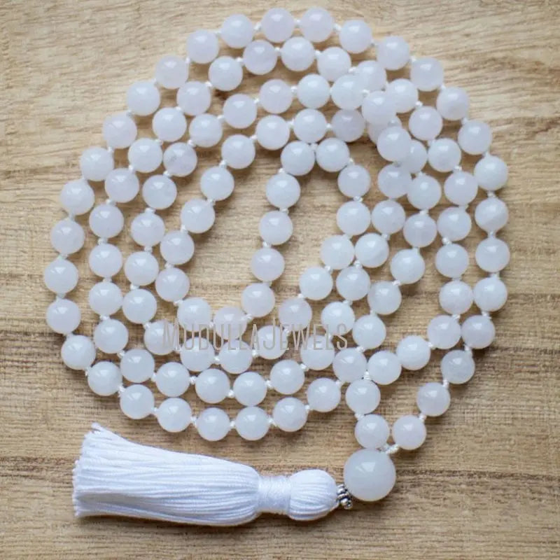MN36774 Natural Gemstone White Jade 108 Mala Beads Hand Knotted Tassel Necklace Energy Healing Antistress Meditation Yoga Gift