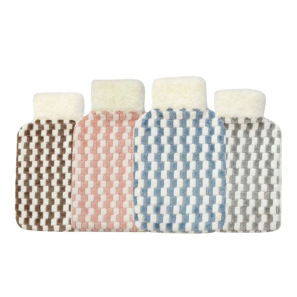 Hot Selling Faux Fur Stripe Splicing Rubber Hot Water Bottle Hot Water Bag with Cover